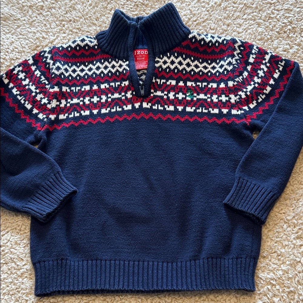 Izod Boy’s Quarter Zip Sweater in Navy with Red and White Accents